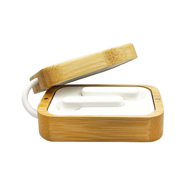 Bamboo wireless earbuds in a bamboo charging case, featuring a sleek design and a white interior.