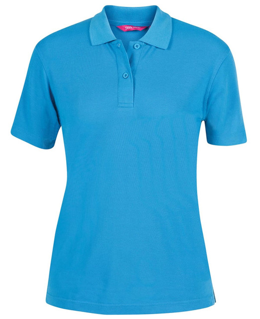 A blue ladies' polo shirt with a collar and buttons, featuring a logo on the front.