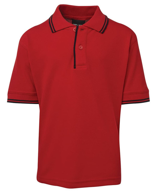 A red polo shirt with contrasting collar and sleeve details, featuring a logo on the chest area.