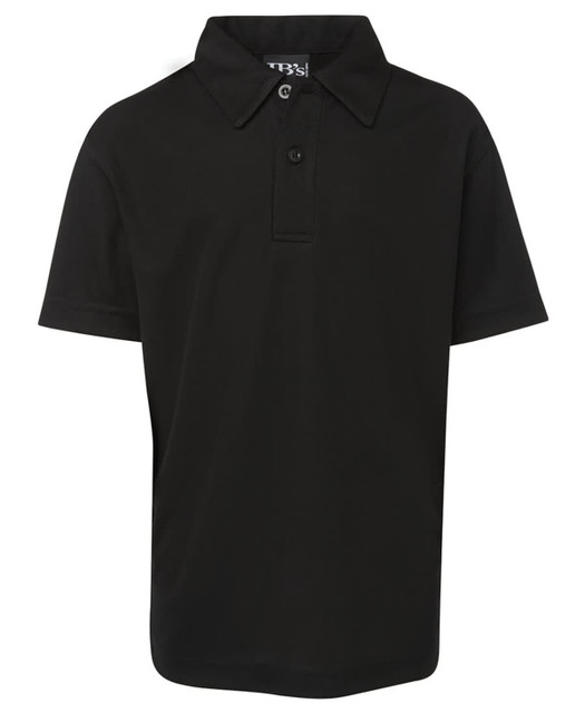 A black children's polo shirt featuring a collar and button placket, with a logo on the chest.