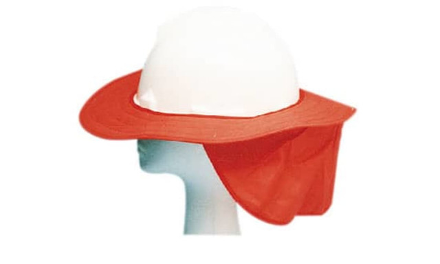 A hard hat featuring a white dome and a red brim with a neck flap, displayed on a mannequin head.