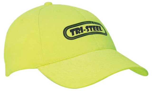A yellow cap featuring a curved brim and a logo on the front. The design is simple and bright for visibility.