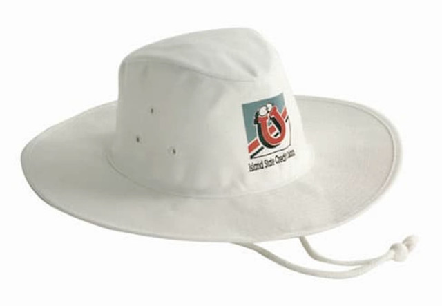 A white poly cotton slouch hat featuring a logo on the front and a chin strap.