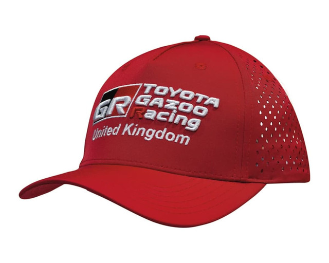A red cap with perforated sides and a logo displaying Toyota Gazoo Racing, United Kingdom.