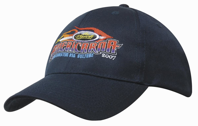 A navy blue cap with an embroidered design featuring sunglasses and text, along with a logo on the front.
