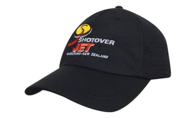 A black cap featuring a logo and colourful embroidery. The design includes a curved brim and ventilation mesh.