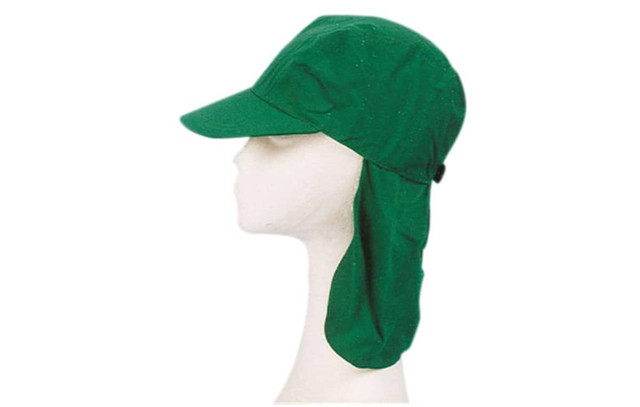 A green cotton twill legionnaire hat with a curved brim and a neck flap displayed on a mannequin head.