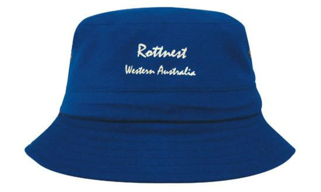 A blue bucket hat featuring a logo and embroidered text, made from brushed sports twill for children.