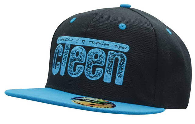 A black cap with a blue peak featuring a logo. The design includes a bold blue graphic on the front.