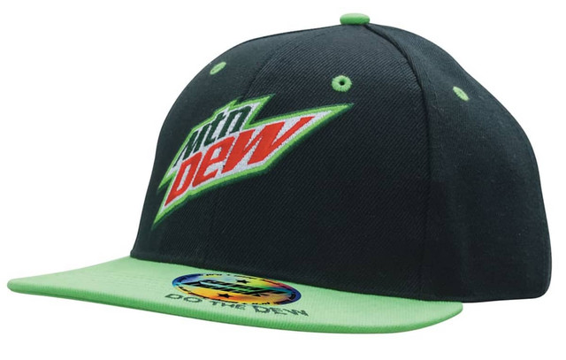 A black and green snapback cap featuring a logo and a flat brim design.