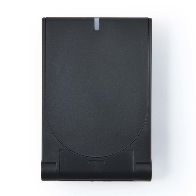 A black wireless charger with a sleek design, featuring a small indicator light at the top.