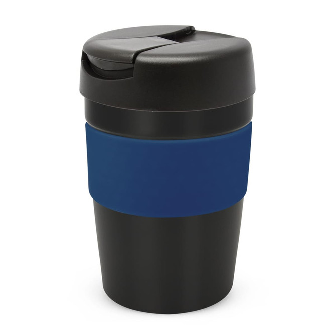 A drink bottle with a black body and a blue silicone band, featuring a black lid and a sleek design.