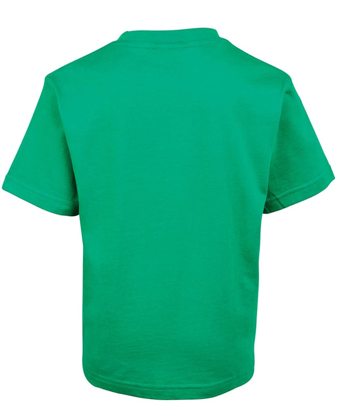 A green children's T-shirt with short sleeves and a plain back, featuring a logo.