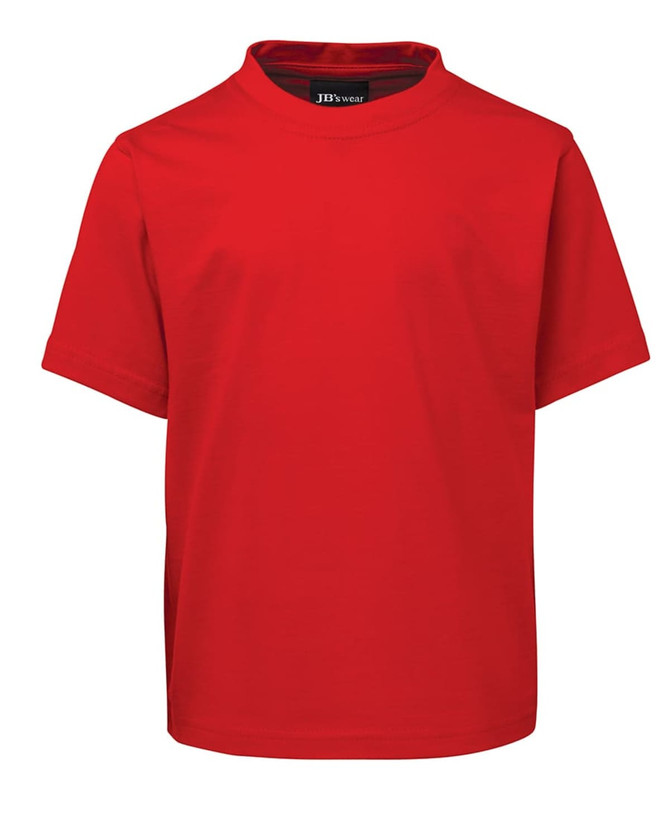 A bright red kids' t-shirt featuring a high neck design. It includes a logo on the label inside the collar.