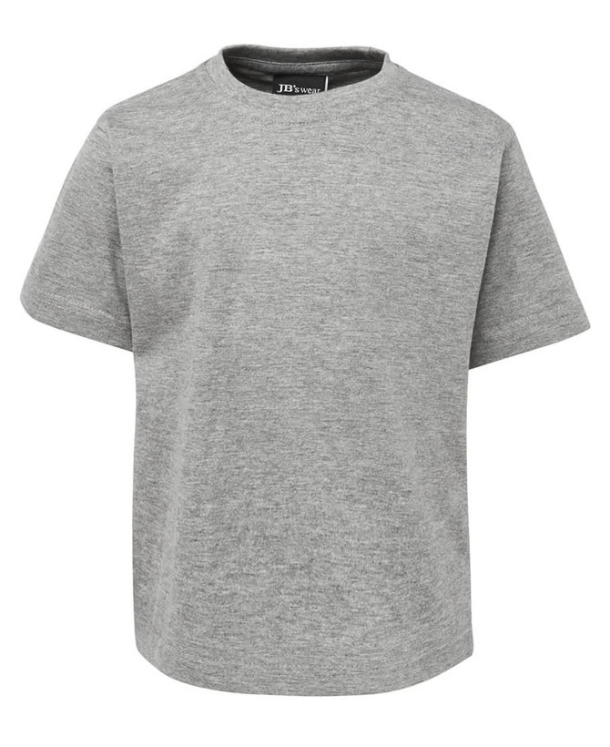 A grey short-sleeved kids' T-shirt with a round neckline and a logo.