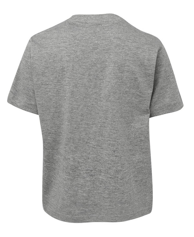 A grey kids' t-shirt with a loose fit and short sleeves, featuring a logo on the back.