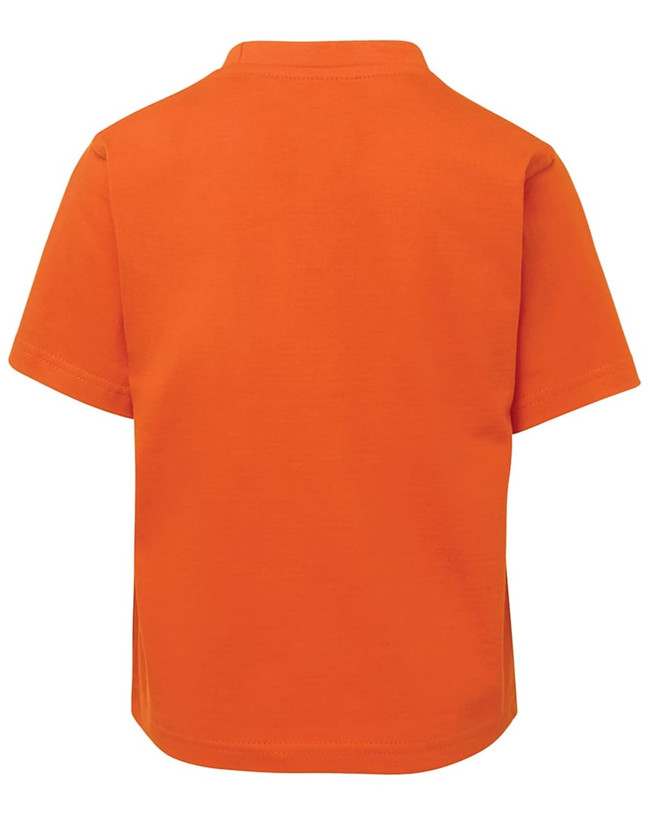 An orange children's t-shirt with short sleeves and a crew neck, featuring a logo on the back.