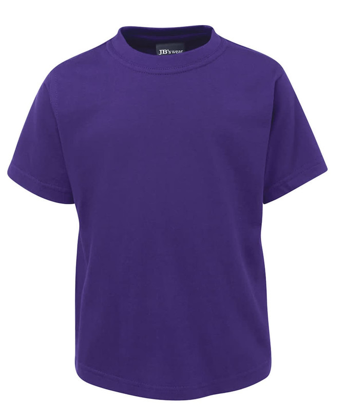A purple children's T-shirt with short sleeves and a round neckline. It features a logo.