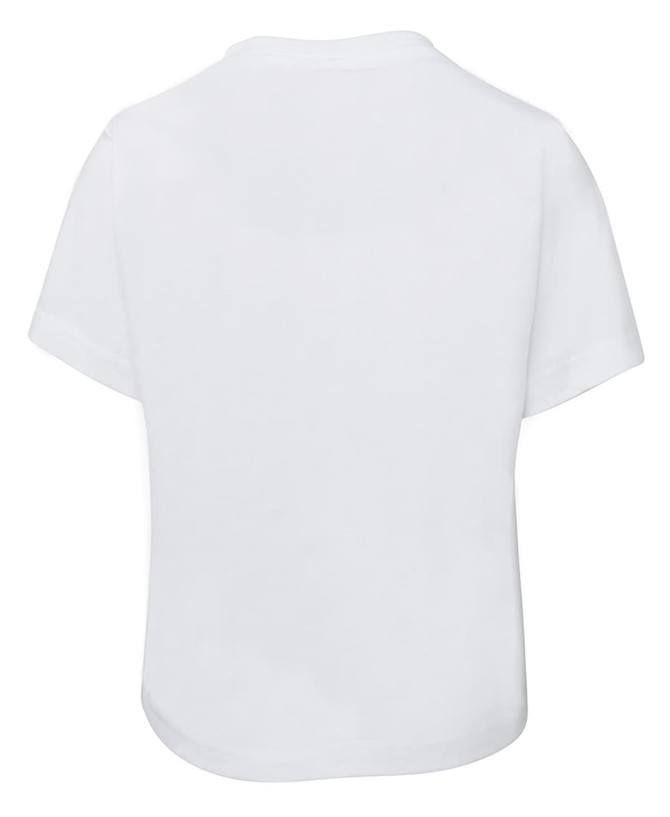 A plain white kids' t-shirt with short sleeves and a rounded hem. The shirt has a logo.