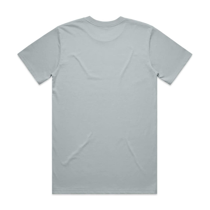 A plain light grey t-shirt displayed from the back, featuring a simple design and a logo.