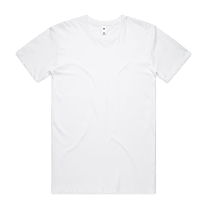 A plain white t-shirt with a round neckline and short sleeves, featuring a logo in the neckline.