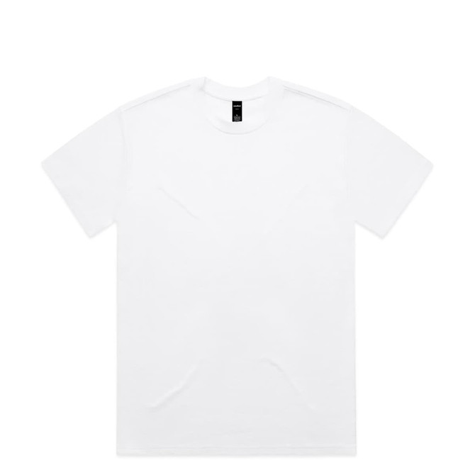 A white t-shirt with a crew neckline and short sleeves. It features a logo on the label.