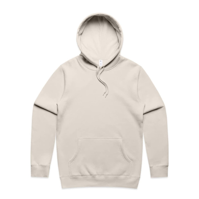 A beige hoodie with a front pocket and a drawstring hood, featuring a logo on one side.