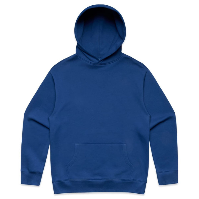 A blue hoodie with a large pouch pocket and a drawstringless hood. It features a logo on one side.
