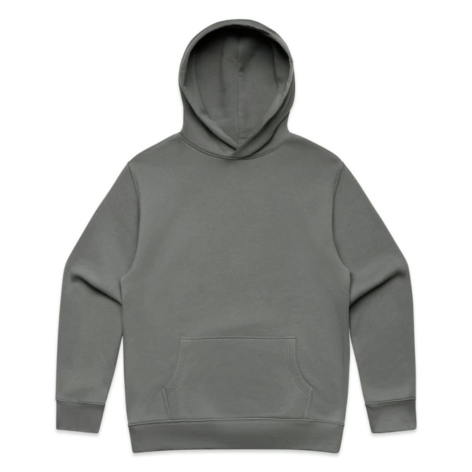 A grey hoodie with a front pocket and a hood. It features a branding logo.