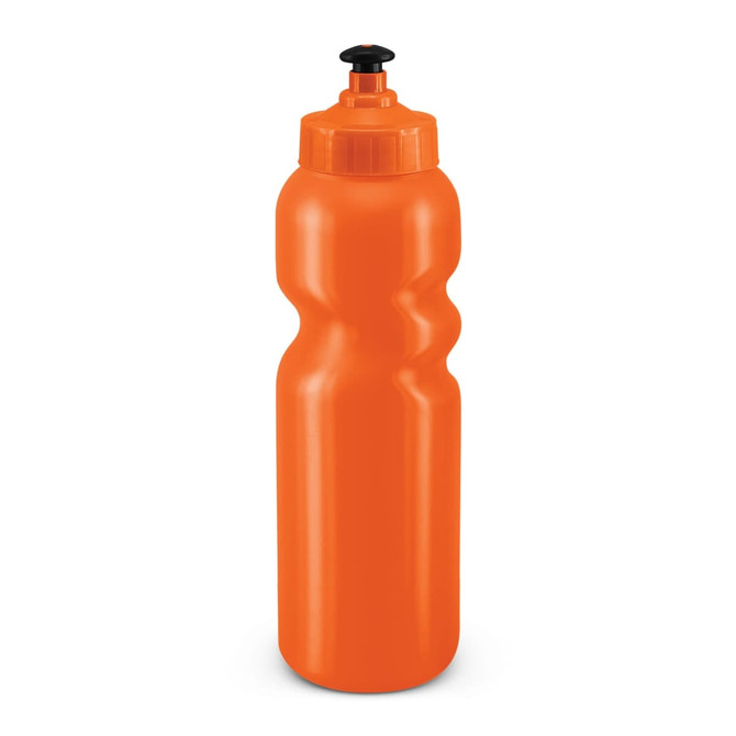 An orange drink bottle with a textured grip and a flip-top lid. It features a logo on the side.