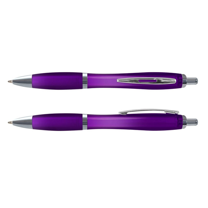 A purple translucent pen with chrome accents, featuring a sleek design and a clip for easy attachment.