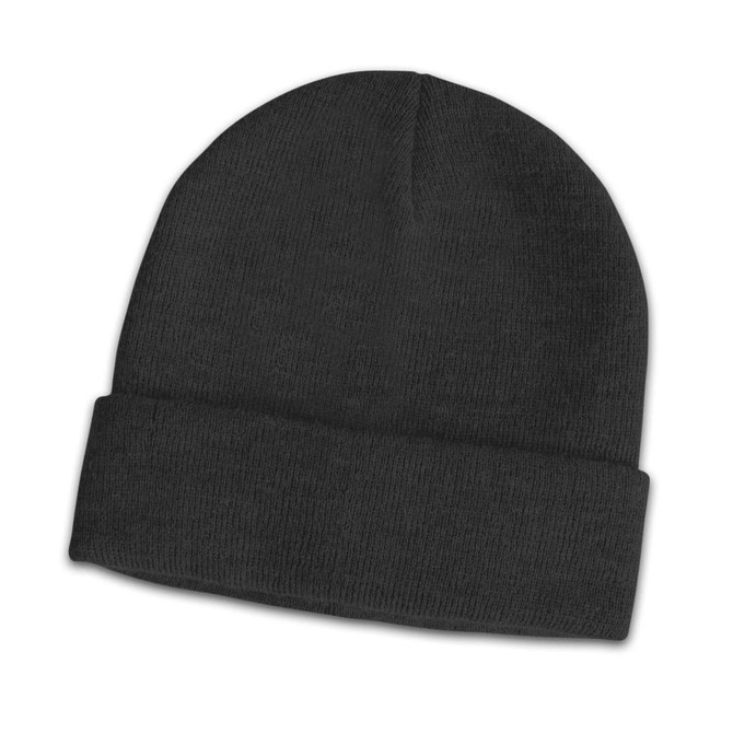 A dark grey wool blend beanie featuring a fold-over cuff and a simple design. It has a logo on the side.