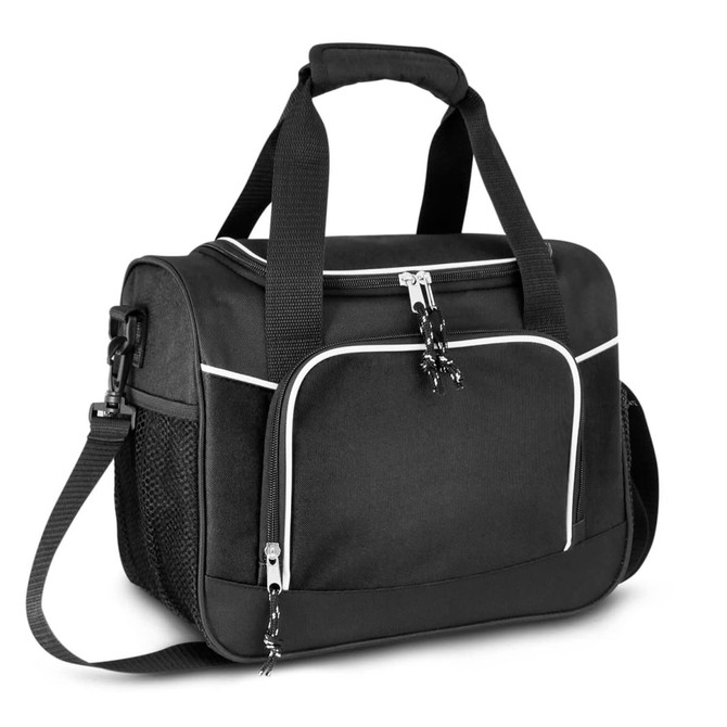 A black cooler bag with a front pocket, carrying handles, and a detachable shoulder strap. It has a logo on it.