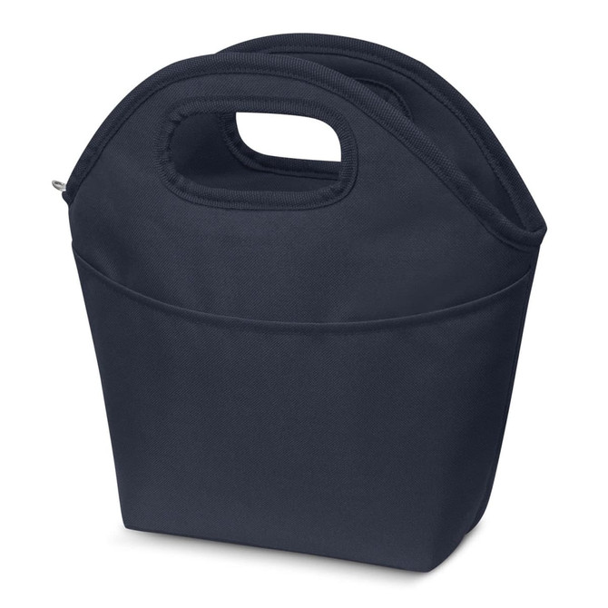 A dark navy cooler bag with dual handles and an open top, featuring a front pocket for extras.