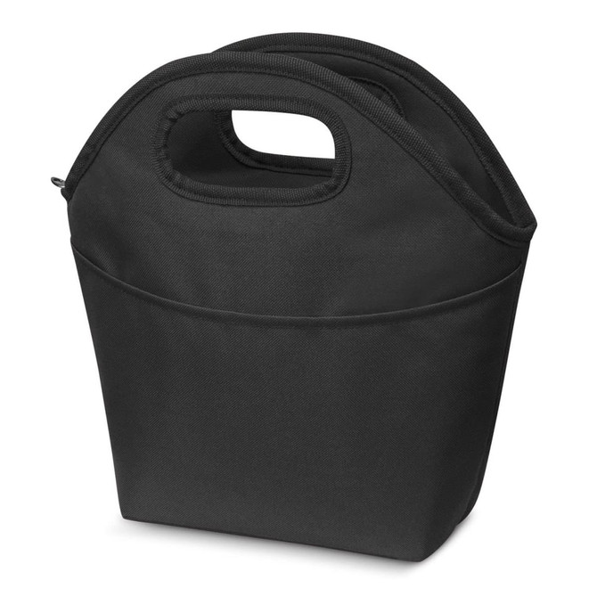 A black cooler bag with dual handles and a zipper, featuring a front pocket and a simple design.