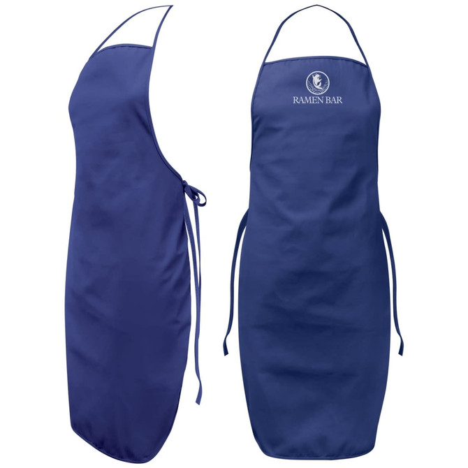 A navy blue bib apron featuring a logo, with ties at the waist and a neck strap for adjustment.