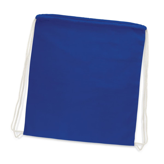 A blue cotton drawstring backpack with white straps. It features a simple design and has a logo.