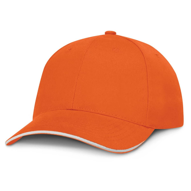 A cap featuring a vibrant orange color with a white trim.