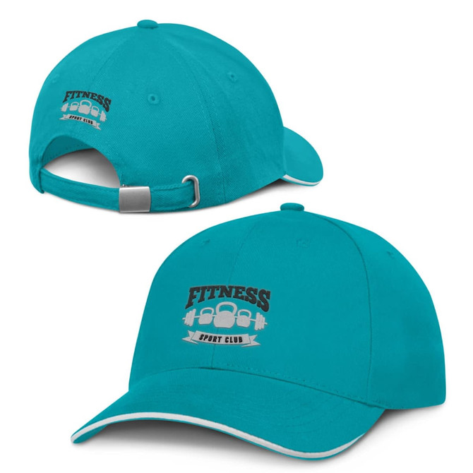 A cap in turquoise with white trim, featuring an embroidered logo, displayed from multiple angles.