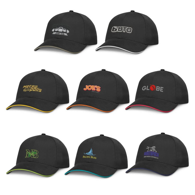 A collection of black caps featuring various logos and branding, each with distinct coloured accents.