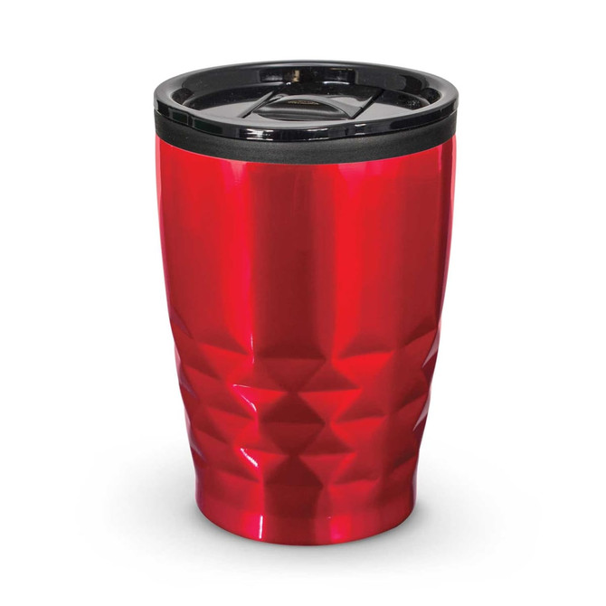 A red drink bottle with a textured design and a black lid, featuring a logo.