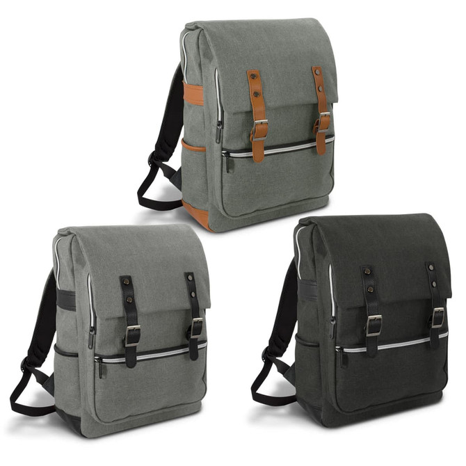 Three Nirvana Backpacks in grey, dark green, and light green, featuring adjustable straps and a logo.