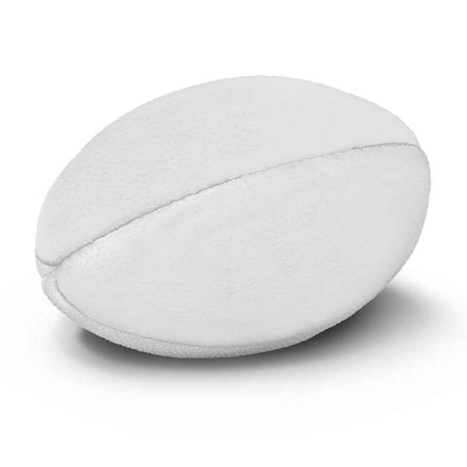A mini rugby ball in a smooth white exterior, featuring traditional rugby ball shape and stitching details.