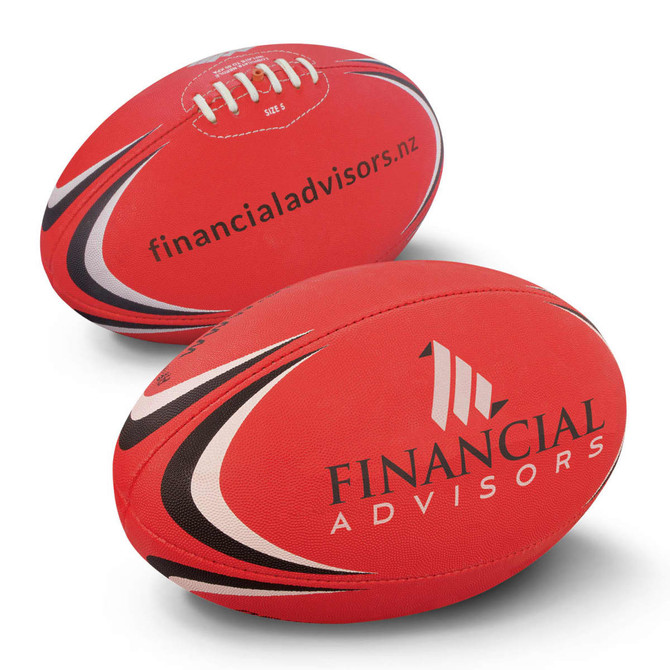 Two red AFL balls featuring a logo and sleek black detailing. One ball has a distinctive white lace design.
