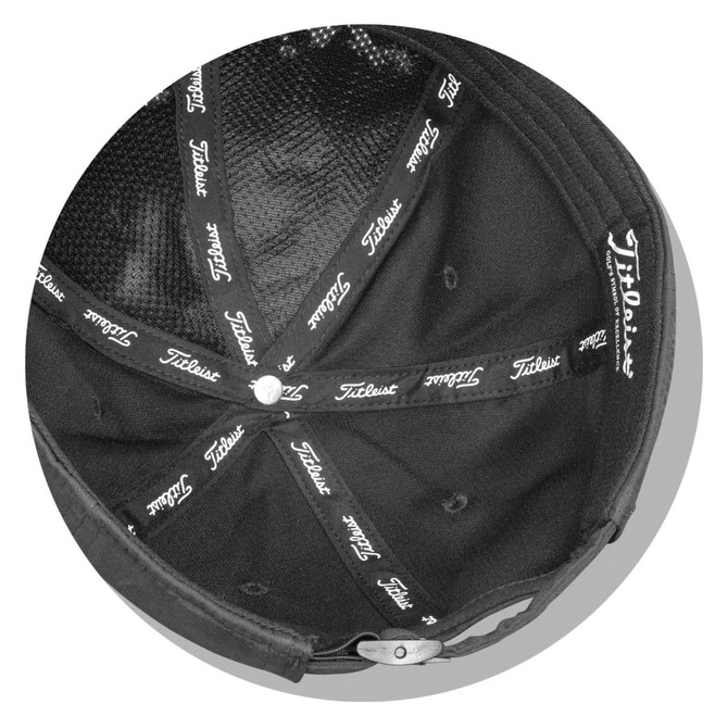 A black cap featuring a logo, viewed from the inside showing the lining and stitching details.