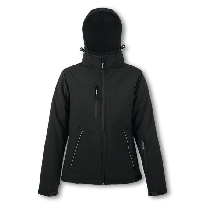 A black women's softshell jacket with a hood, featuring multiple zip pockets and a fitted design.