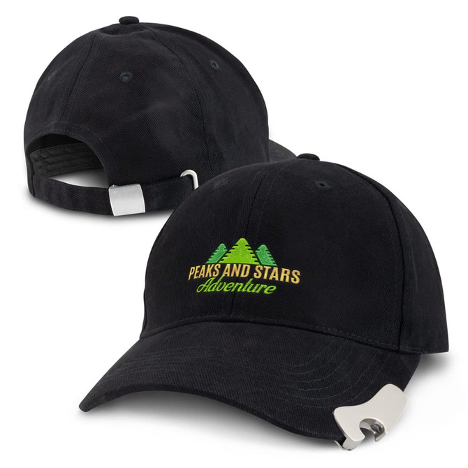 A drink bottle opener cap in black with a logo featuring green trees, designed as a baseball cap.