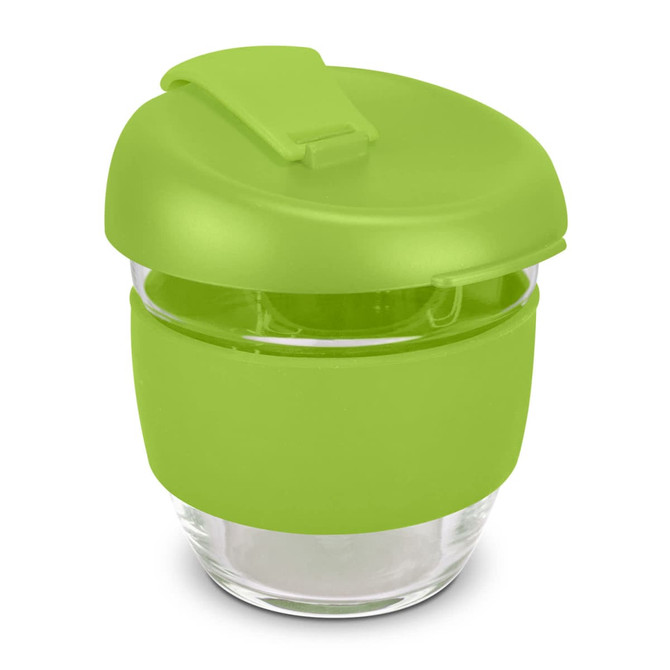A drink bottle featuring a green silicone lid and sleeve, made of clear borosilicate glass, with a sleek design.