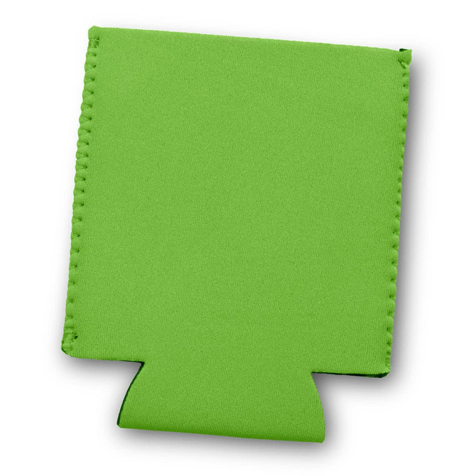 A green stubby cooler with stitched edges and a fold-out base, featuring a branding logo.