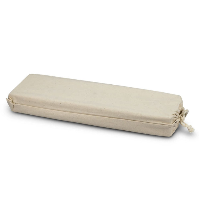 A rectangular, natural canvas bag with a drawstring closure, featuring neutral tones and a simple design.